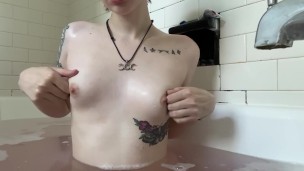 Playing with my small tits in the bath~