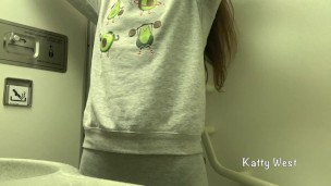 Risky masturbation in an airplane toilet. Almost Caught without Panties When Cumming