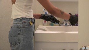 Indian Bhabhi enjoys scrubbing bathroom clean