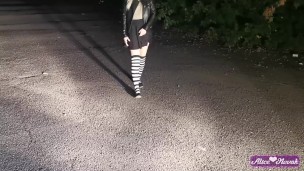 Russian Schoolgirl Decided To Masturbate Her Pussy At Night On The Street In The Light Of Headlights
