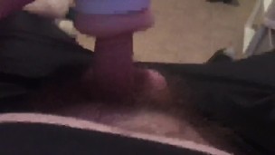 Flashlight stroking average white cock 
