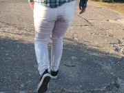 Close up white jeans pee outdoors. Who needs toilets? ;)