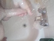 Teen big cock play in shower blew up on my foot a bit lol 16/16