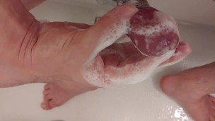 Japanese foreskin penis handjob bassroom soap massage cumshot 風呂場で泡まみれぬるぬる射精オナニー