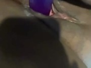 Pretty pink pussy creams all over purple dildo