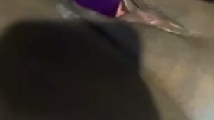 Pretty pink pussy creams all over purple dildo