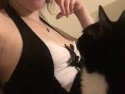 cute maid petting pet cat 
