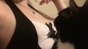 cute maid petting pet cat 
