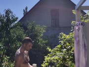 After showering in the garden.