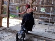 Tied up and fucked by machine in barn 1/16