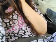 Public Car play Makes Me Excited! Hairy Pussy Thick Thighs Slut in Passenger Seat Flashes Upskirt 6/16