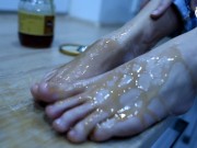 Bare feet in honey, a foot fetish yummy POV! (pov foot worship, foot licking, bare feet, sexy soles)