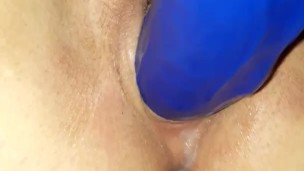 Massive blue dildo destroy pussy