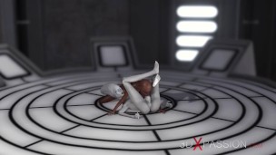 Sexy sci-fi female alien plays with a black girl in the space station