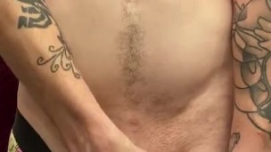 Tattooed male jerking off with dirty talk and moaning and cumming on hand 