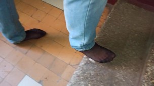 Walking barefoot with Pantyhose on a really dirty floor.