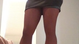 Miho's rubber snatch (female mask, fetish, crossdressing, trans, short dress, pantyhose, upskirt)