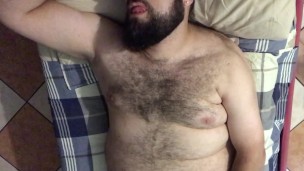 Big very hairy Italian bearded bear horny moaning wanking on the bed. Orgasm face Beautiful Agony