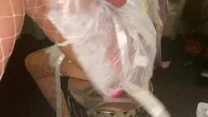 Diablo sexy as fuck in white lace mirror dildo ride