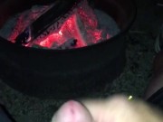 Stroking my uncut cock in front of the campfire in my campsite, risk of getting caught by neighbours
