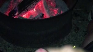 Stroking my uncut cock in front of the campfire in my campsite, risk of getting caught by neighbours
