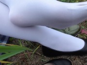 Schoolgirl in white socks changes shoes and shows her feet pantyhose knee socks 10/16