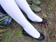 Schoolgirl in white socks changes shoes and shows her feet pantyhose knee socks 14/16