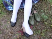 Schoolgirl in white socks changes shoes and shows her feet pantyhose knee socks 15/16