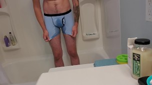 Desperate Young Man Boxer Pissing in Shower