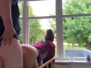 relaxed window fuck ends with huge cumshot on hairy pussy