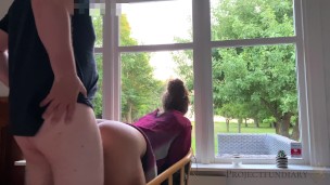 relaxed window fuck ends with huge cumshot on hairy pussy