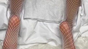 Black Masturbates With Vibrator With Fishnets on Her Feet