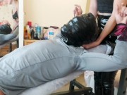 Facesitting and smothering with latex leggings! With hand over mouth and panty gag humiliation! 4/16