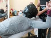 Facesitting and smothering with latex leggings! With hand over mouth and panty gag humiliation! 5/16
