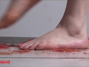 Several tomatoes are crushed under my wonderful bare feet 3/16