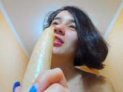 Busty hot brunette Myla_Angel sucks and fucks huge dildo!