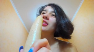 Busty hot brunette Myla_Angel sucks and fucks huge dildo!