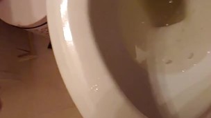 Golden stream. Peeing in toilet. Up close