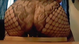 Thick white girl fucking wet pussy till orgasm while riding dildo in fishnets!!