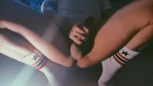 Asian guy jerk off in white stocking