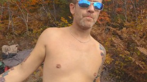 Short walk naked on mountain top with no clothes. Awesome view with a trail near by