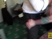 Dominated tattooed busty slut deep throats 6/16