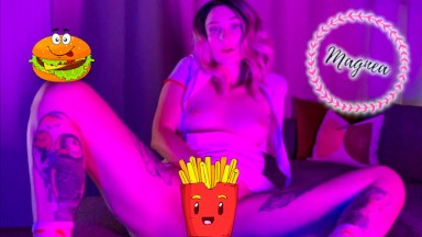 Sexy Fast Food Babe Does A Striptease - Magnea teases her ass and pussy