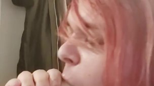 Transwoman deepthroats dildo and gags