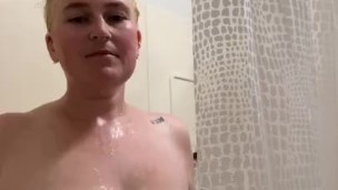 Milky mama rubs engorged tits in shower trying to get relief with leaky tits 