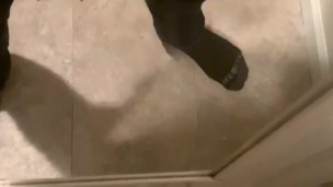 Horny college guy plays with thick dick in front of mirror