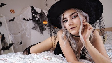 Cute horny witch gets facial and swallows cum - Eva Elfie