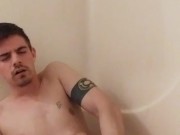 Pissing all over myself before desperately trying to cum and finally licking up my thick cum!
