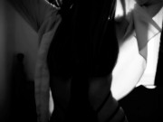 Hot girlfriend strips out of your shirt, sucks and fucks glass dildo black and white 3/16