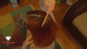 Wife combs sperm into her hair after fucking and tittyjob.